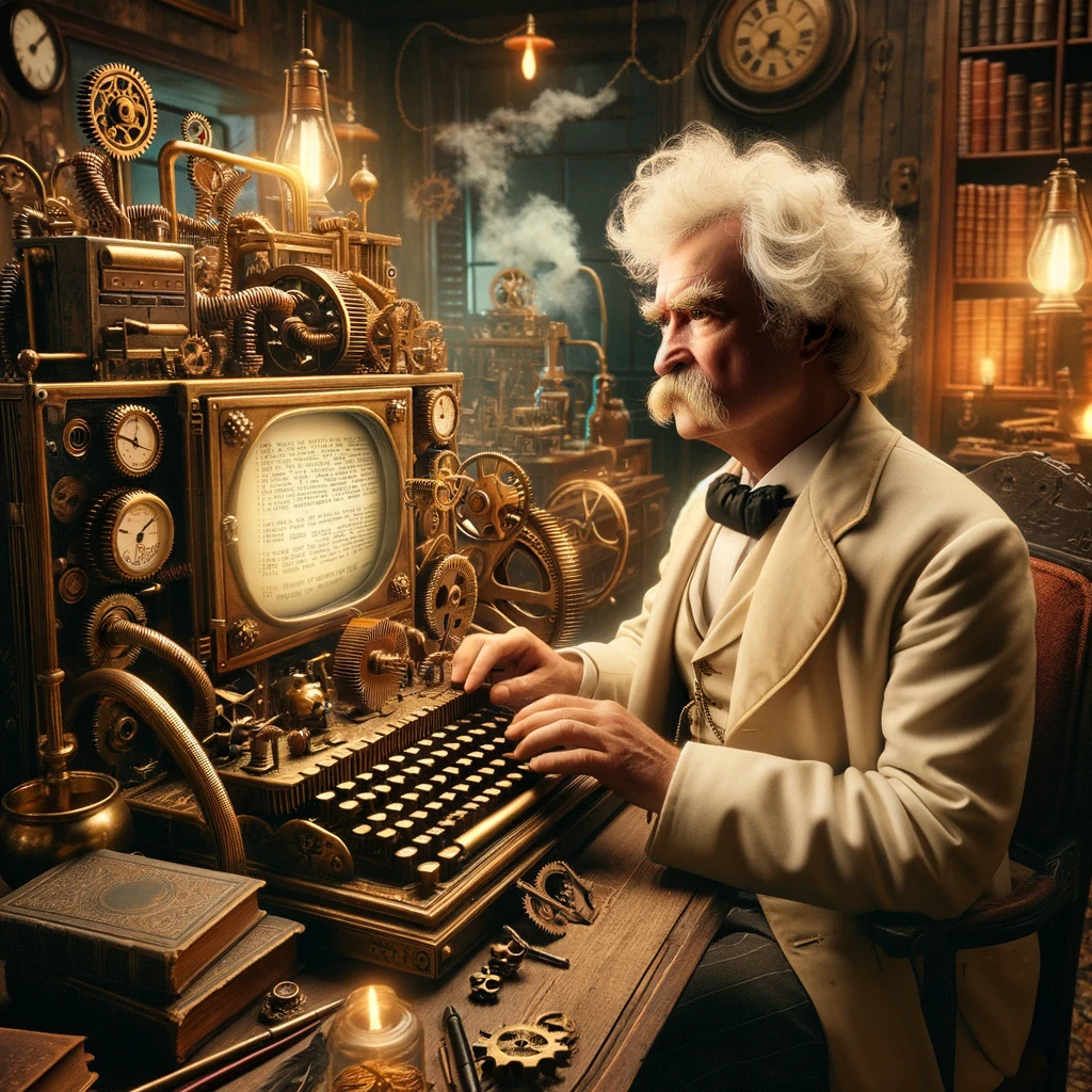 Mark Twain as a steampunk prompt engineer.
